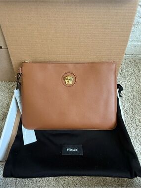 Versace Brown Leather Medusa Zip Large Pouch
